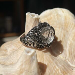 Sterling Silver, Oval 3ct White Cubic Zirconia, Silver Deco Swirl Filigree ring
